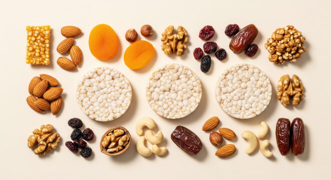 Assorted dried fruits, nuts, and snacks arranged on a light background with rice cakes and various healthy ingredients for a nutritious diet