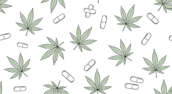 Seamless pattern featuring green marijuana cannabis leaves and medical drug capsules on a white background for healthcare themes.