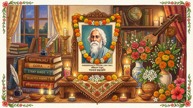 Elegant Bengali calligraphy greeting for Rabindranath Tagore birthday, floral frame border, cream paper background, festive typography composition