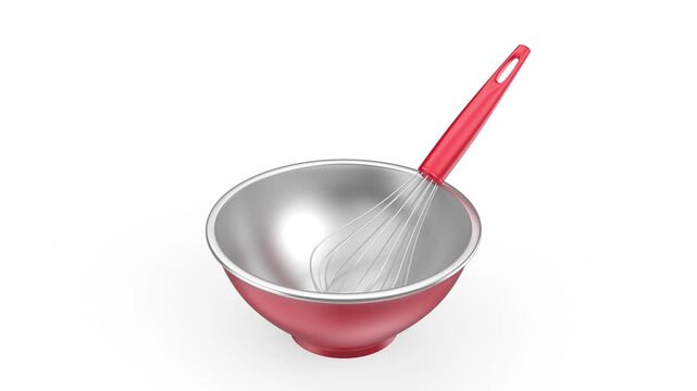 Balloon whisk and empty metal bowl on white background
