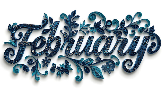 The word "February" is beautifully rendered in white script against an intricate blue quilled paper art background.