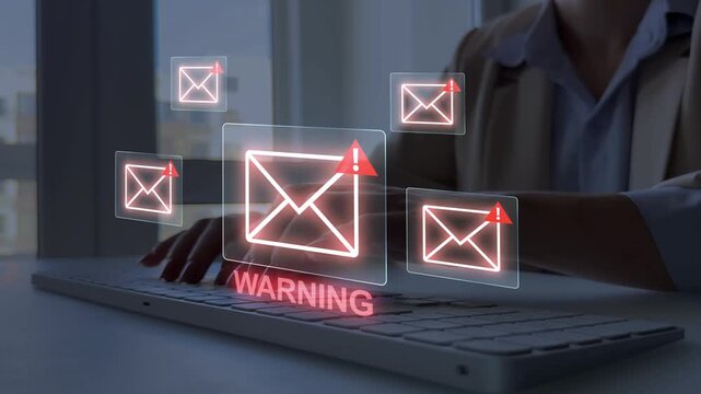 Digital screen showing scam and spam emails. Email hacks, phishing attacks and virus alerts. Online fraud and cyber threats	