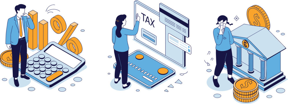 Isometric Financial Management Vector Set With Characters Calculating Tax Paying With Credit Card And Banking Gold Coins