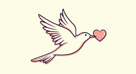 Obraz premium White dove flying gracefully while carrying a small pink heart in its beak against a soft cream colored background.