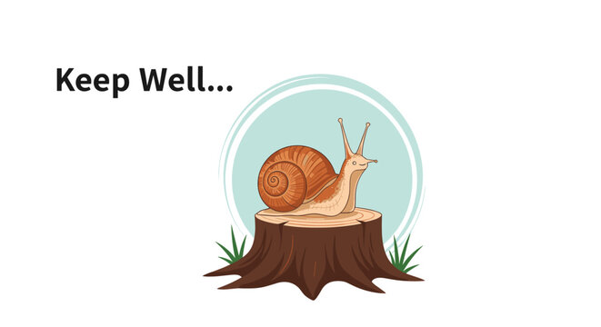 Cute brown snail sitting on a tree stump with fresh green grass and positive keep well text in the background.