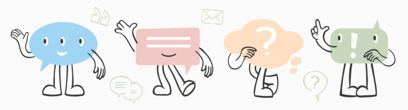 Speech bubble characters set. Cute doodle mascots with hands and legs representing communication, support, and feedback. Thinking and talking chat icons for web design and branding.