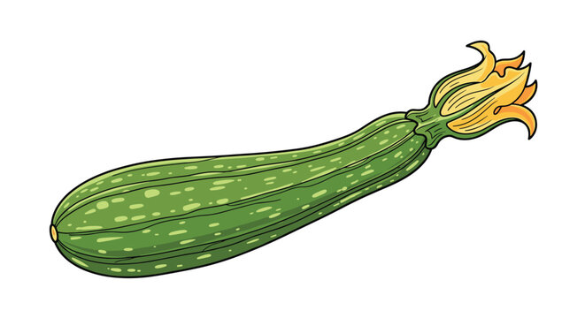 Fresh green zucchini squash with a bright yellow flower attached at the end shown on a plain white background.
