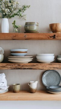 Ceramic items are neatly displayed on wooden shelves in a kitchen. A floral decoration sits atop the shelves, adding a touch of nature to the setup