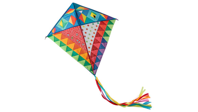 Colorful traditional kite with geometric patterns and a long tail for outdoor summer fun activities isolated on transparent background