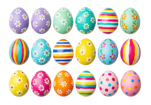 Colorful easter eggs collection isolated on transparent background