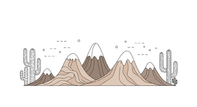 Stylized mountain range with snow-capped peaks and desert cacti under a starry night sky in a wide horizontal format.