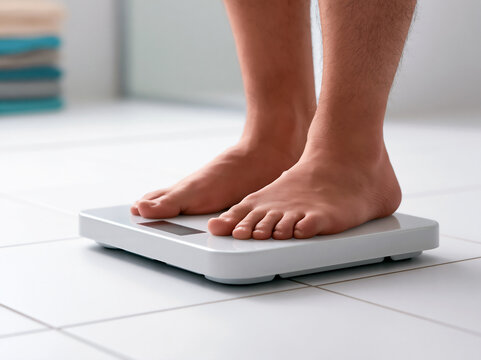 Close Up of Person Standing on Bathroom Scale Checking Body Weight, Health and Diet Concept