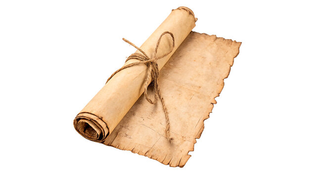 An old rolled paper scroll with a feather quill for historical writing and antique document isolated on transparent background
