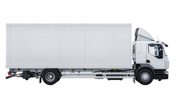 White refrigerated truck with large cargo box, isolated on transparent background