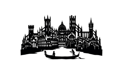 Venice silhouette gondola and cityscape illustration in black and white © BabuChandra