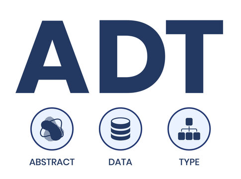 ADT, ABSTRACT DATA TYPE acronym. Concept with keyword and icons. Flat vector illustration. Isolated on white.