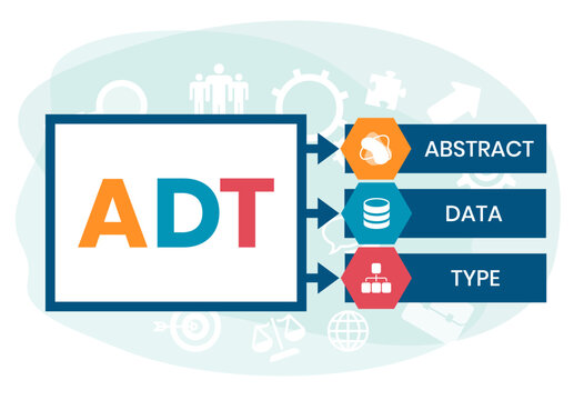 ADT, ABSTRACT DATA TYPE acronym. Concept with keyword and icons. Flat vector illustration. Isolated on white.