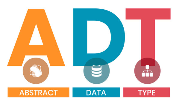 ADT, ABSTRACT DATA TYPE acronym. Concept with keyword and icons. Flat vector illustration. Isolated on white.
