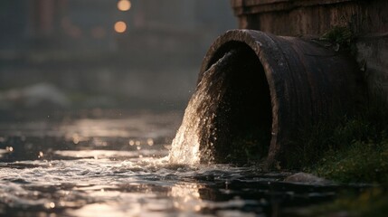 Fototapeta premium Small stream of water flowing out of a concrete pipe. the pipe is old and weathered, with patches of moss and lichen growing on it. the water is splashing out of the pipe, creating a misty effect.