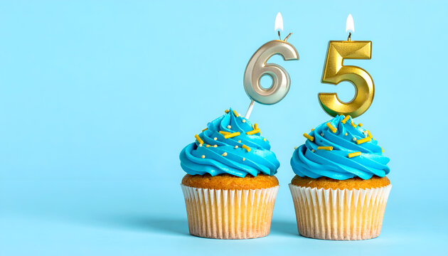Two festive cupcakes with blue frosting and number candles celebrating 65 years.