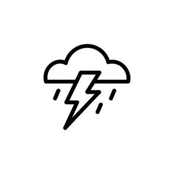 Black outline cloud lightning and rain icon on white background