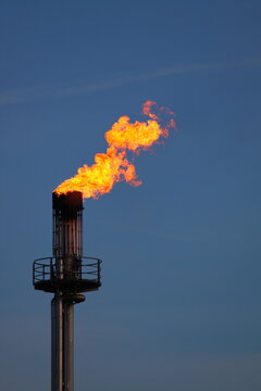 Industrial flare stack burning natural gas with bright orange flame against blue twilight sky. Tall metal torch pipe at oil refinery or chemical plant during sunset. Vertical.