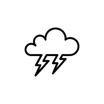 Black outline cloud with multiple lightning bolts weather icon on white