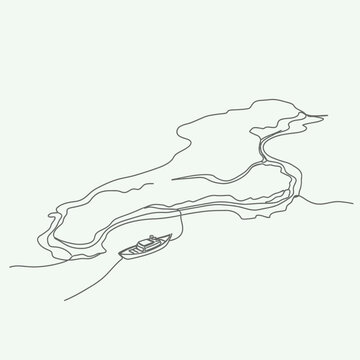 Minimalist single line drawing of a boat navigating a winding river or waterway, serene landscape