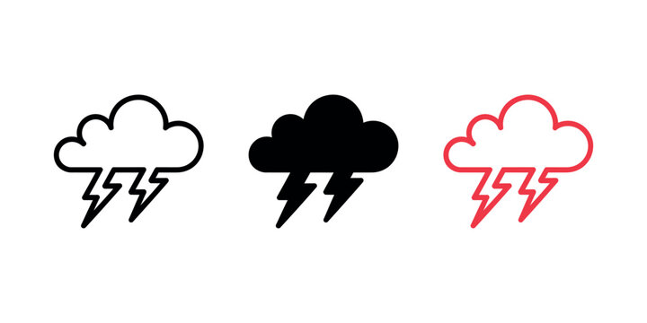 Various cloud and lightning storm weather icons set on white background