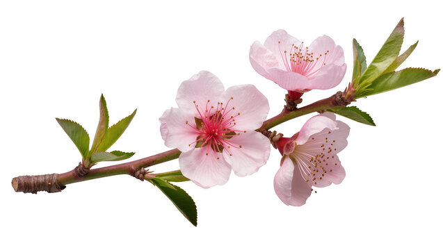 Delicate pink peach blossoms with green leaves on a branch, isolated on transparent background