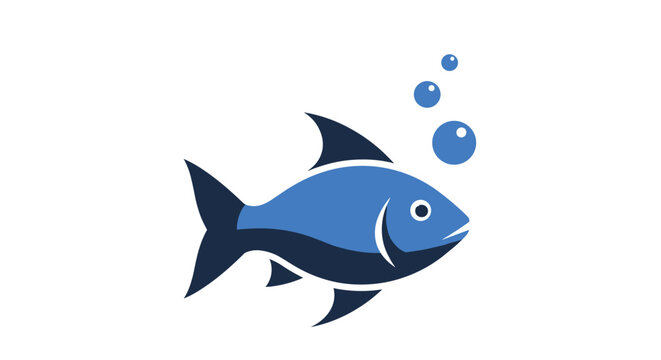 Sleek modern illustration of a swimming blue fish with light and dark accents and three blue bubbles rising above it.