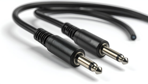 Close-up of Two Black Audio Jack Cables on White Background.