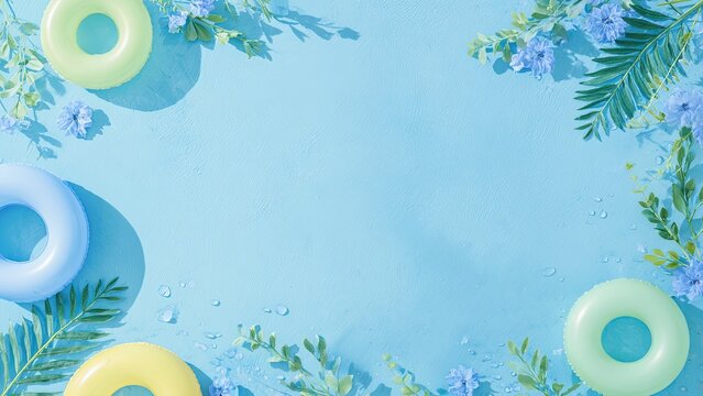夏休みイメージの浮き輪と花のブルーフレーム背景 夏バナー素材