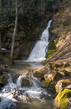 The waterfall on the Tiber River near its source, the Roman river.  Verghereto, Emilia Romagna, Italy