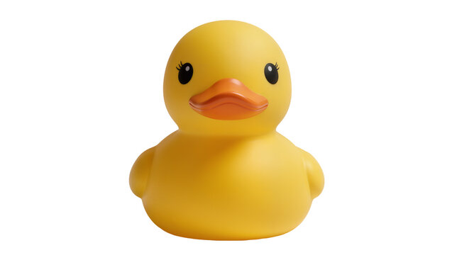 Cute yellow rubber duck toy with orange beak, isolated on transparent background