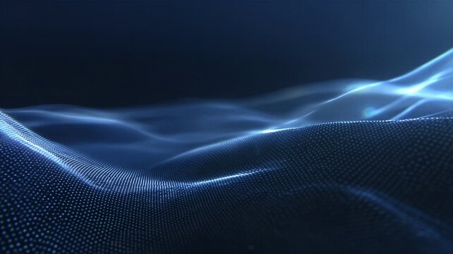 Cyber tech grid background showing blue network particles flowing in organic soft wave ripples
