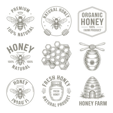 Set of honey and bee farm vector logos
