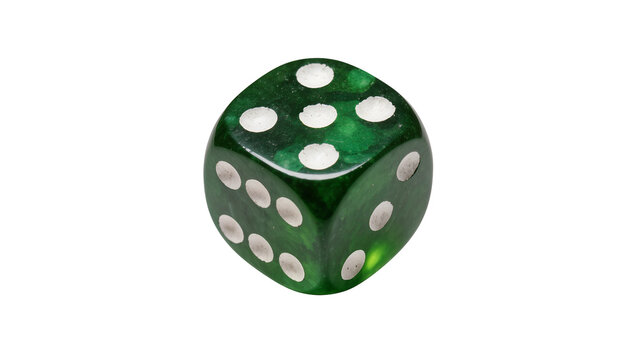 Green marbled dice with white pips showing numbers, isolated on transparent background