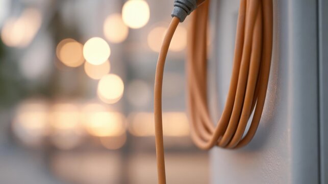 Close-up of an orange extension cord hanging on a white wall. the cord is coiled up and appears to be made of a flexible material.
