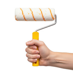 Obraz premium A hand holding a paint roller with orange and white stripes for wall painting