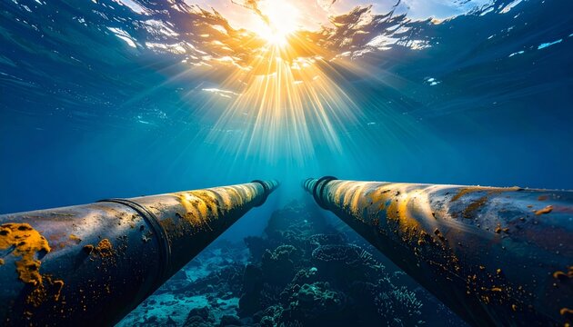 An abstract blue light bulb glows deep under the sea waves as sunlight rays pierce through the dark ocean water texture