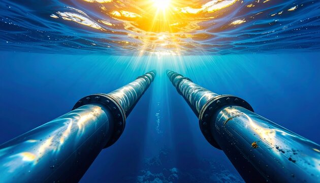 An abstract blue light bulb glows deep under the sea waves as sunlight rays pierce through the dark ocean water texture