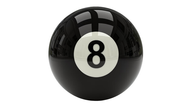 Glossy black billiard eight ball with white number 8, isolated on transparent background