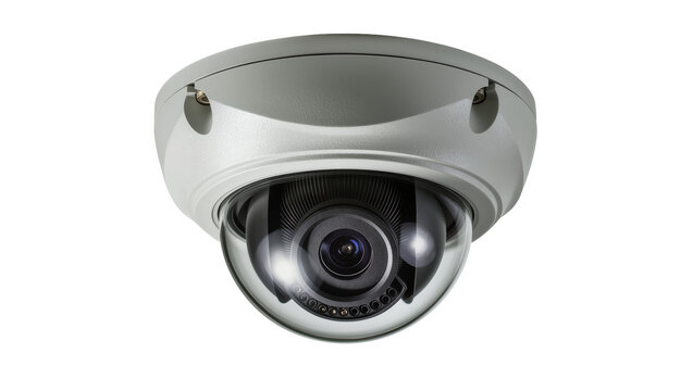 Gray dome security camera with clear glass lens, isolated on transparent background