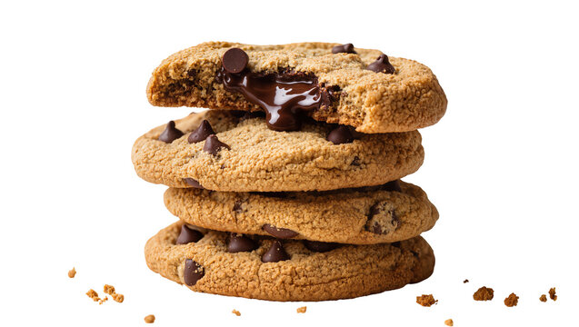 Stack of four chocolate chip cookies with melted chocolate, isolated on transparent background