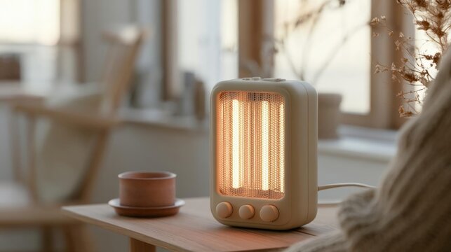 Small, square-shaped heater on a wooden table in a living room. the heater is white in color and has a cylindrical shape with a handle on the top for easy portability.