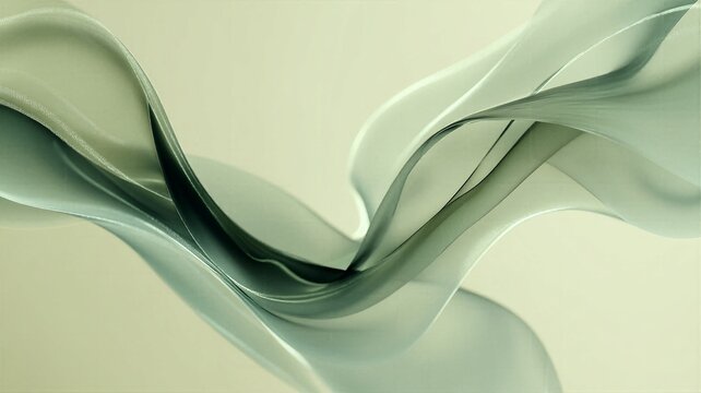 Smooth semi transparent green silk ribbon waving gently in light breeze on warm neutral backdrop