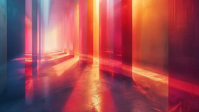 Abstract multi dimensional glass maze corridor with colorful orange magenta reflection light beams