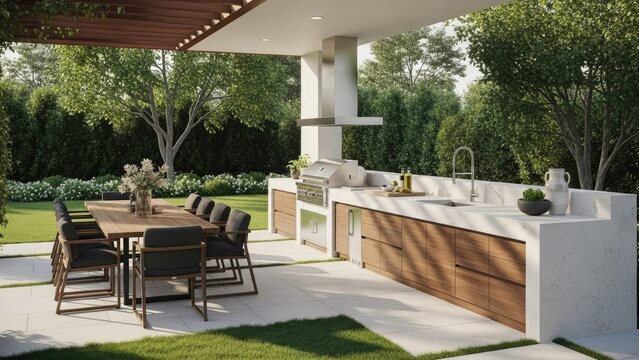 Modern outdoor kitchen and dining area on patio with natural lighting