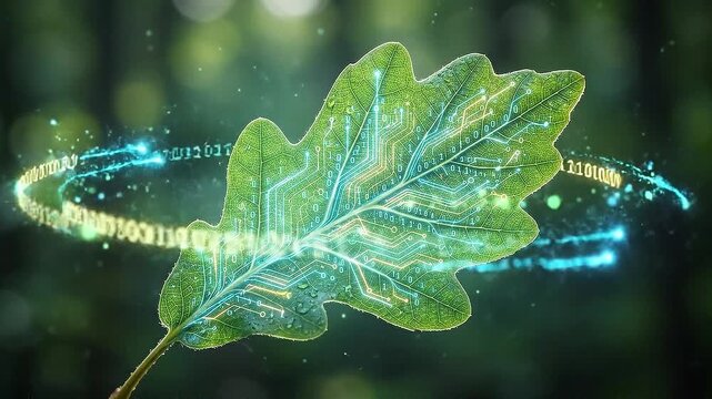 Eco digital transformation leaf with glowing circuit veins symbolizing sustainable technology and green vein innovation blending nature